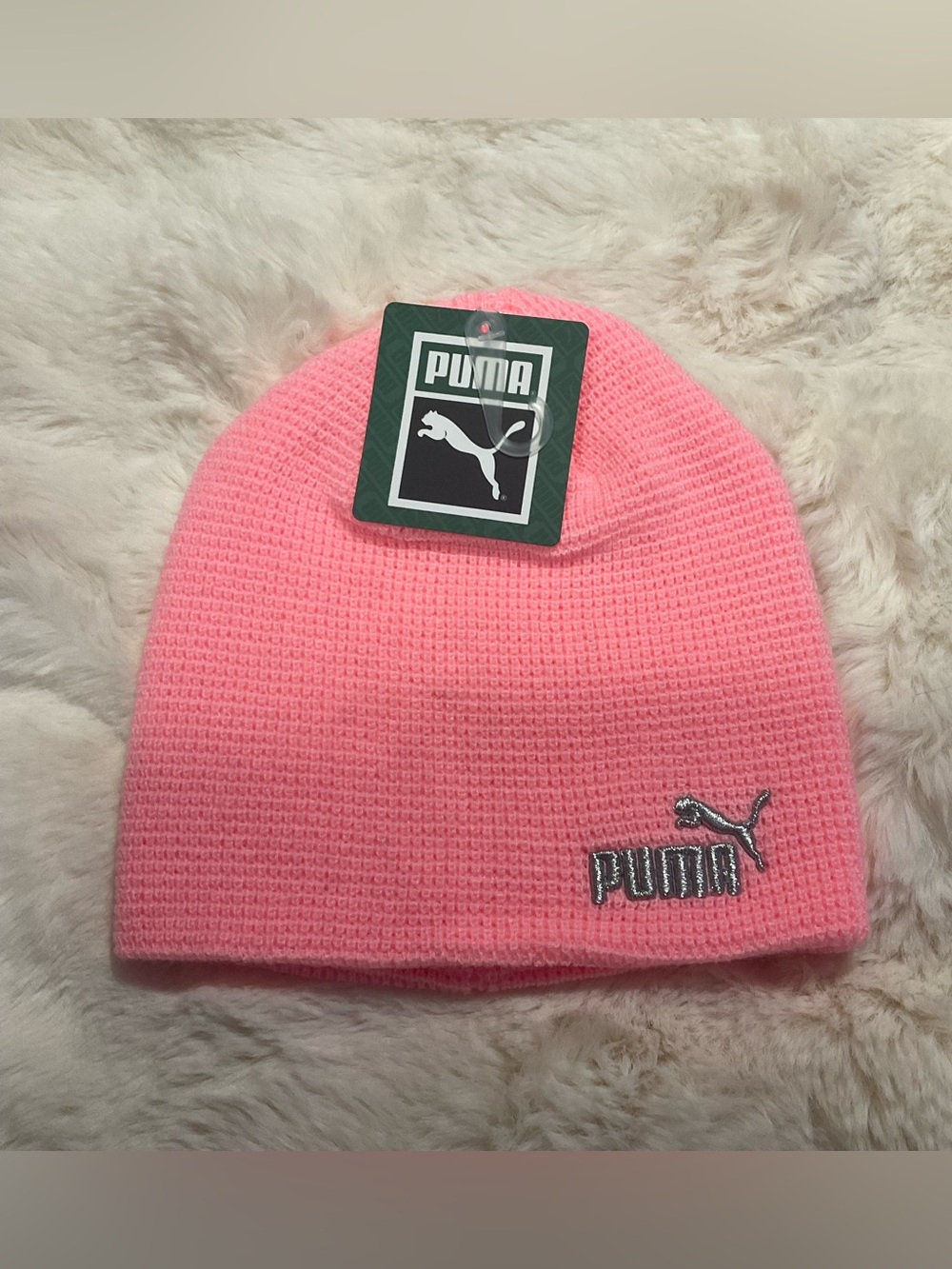 NWT Puma Knit Pink Beanie, One Size Fits All, shimmering logo name & puma